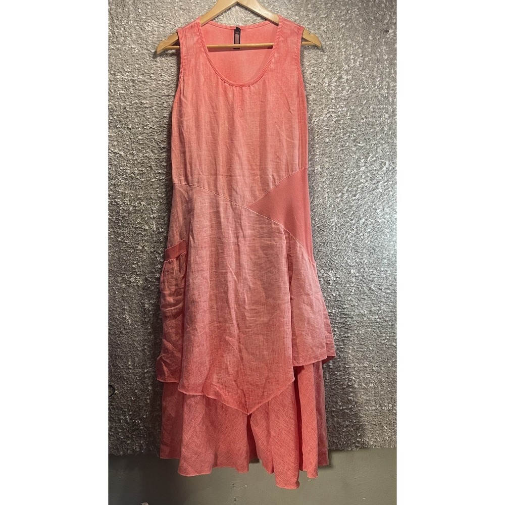 Inizio Italian Linen Midi Dress Pink Lightwashed Pockets Lagenlook Bohemian L